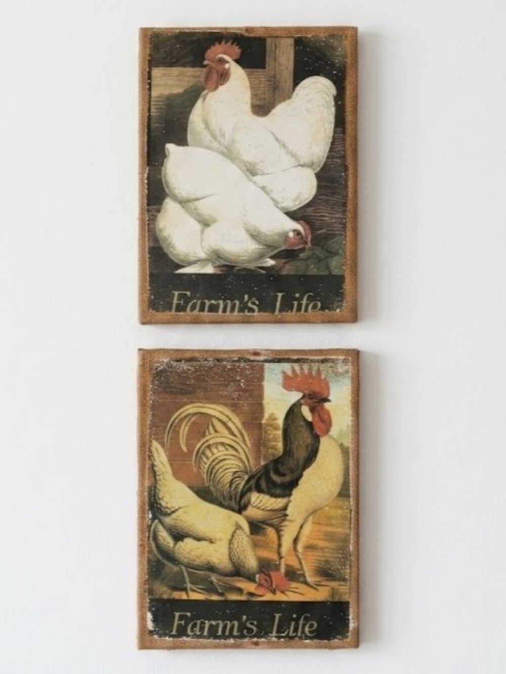 Pair of Chicken Wall Prints Burlap Canvas Farm's Life Poultry Farmhouse Kitchen